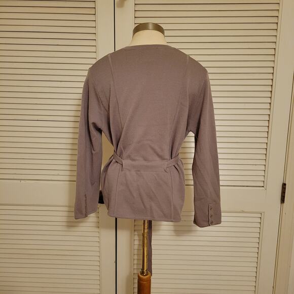 BCBGMaxAzria 100% Merino Wool Belted Wrap Cardigan Sweater Taupe Womens Size L - Picture 2 of 10